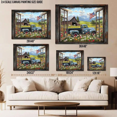 Farmhouse Open Window Barn Scene Wall Art With Vintage Blue Pickup And American Flag Panoramic Rural Landscape Canvas Print For Living Room And Kitchen 24 By 32 Inches in multiple sizes
