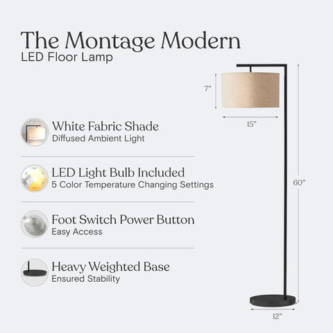 Modern LED Floor Lamp With Tan Fabric Shade Tall Corner Pole Standing Light for Living Rooms and Offices in black finish