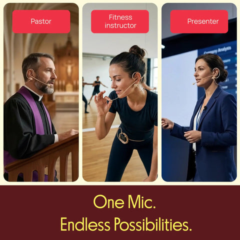 People using omnidirectional in ear condenser microphone for studio and live use, corded headset mic with 4 pin XLR cable.