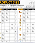 Brass DOT air fittings assortment kit, 220 pcs, push-to-connect NPT sizes 1/4–1/2 in; front view with size chart