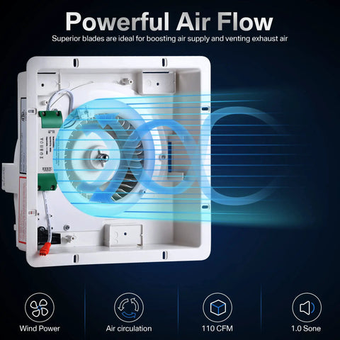Interior view of Ultra Quiet Bathroom Exhaust Fan With 15W LED Light, showcasing powerful airflow and 110 CFM capacity