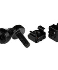 50 Pack 10-32 Screws And Cage Nuts Rack Mount Kit With Tool Built Tough showing black bolts and cage nuts for server racks.