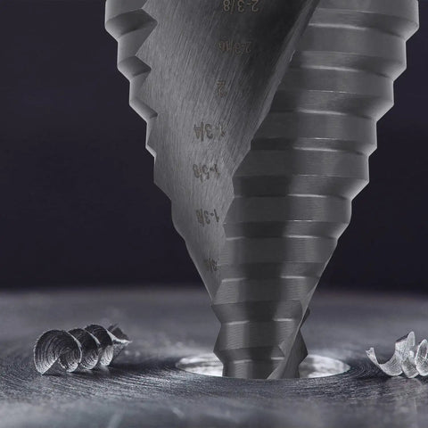 Close-up of Jumbo Two And Three Eighths Inches Step Drill Bit Set for Metal By Lichamp Unibit With Spiral Grooved Design