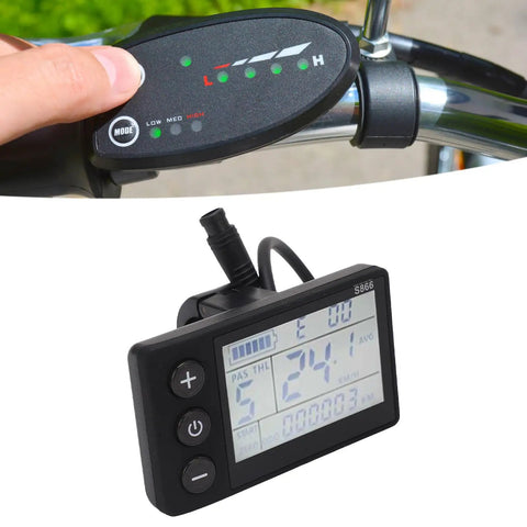 Electric LCD Display For Mountain E Bike Conversion With 6P Connector, displayed on e-bike handlebar, showing clear readout metrics.