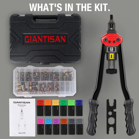 Rivet Nut Tool Kit 16 Inch With Toolless Head Change Includes 12 Metric And SAE Mandrels And 176 Piece Rivet Nut Assortment