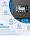 Close-up of 120W transformer from LED Landscape Lighting Kit With 120W Transformer And 10 FastLock2 Wire Connectors 4 Path Lights And 6 Landscape Spotlights For Yard Garden Tree Outdoor Low Voltage Plug And Play Aluminum Weatherproof Fixtures.