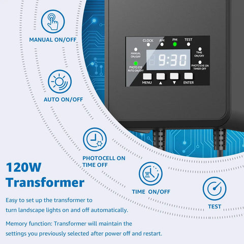 Close-up of 120W transformer from LED Landscape Lighting Kit With 120W Transformer And 10 FastLock2 Wire Connectors 4 Path Lights And 6 Landscape Spotlights For Yard Garden Tree Outdoor Low Voltage Plug And Play Aluminum Weatherproof Fixtures.