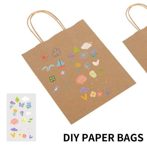 90 Pack Kraft Paper Bags With Handles Bulk Assorted Sizes For Favors Party decorated with DIY drawings against a white background.