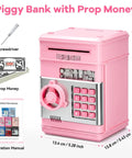 Electronic Piggy Bank For Girls With 4 Digit Password Lock ATM Style Money Safe For Kids, pink with accessories shown