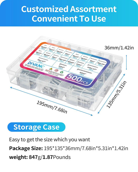 Hardcore 304 Stainless Steel Screw Assortment Kit With Phillips Flat Head Self Tapping Build For Wood And Sheet Metal In Sizes From Three Eighths To 2 Inches in a storage case, displaying assorted screws.