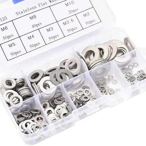 Heavy Duty Stainless Steel Spring Washer Assortment Kit With 360 Rust Resistant Flat Washers And Slick Galvanized Finish organized in a clear case.