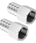 Pack Of Two Stainless Steel Hose Barb Fittings Three Quarter Inch Hose Barb To One Half Inch NPT Female Fittings DIY Friendly Durable Corrosion Resistant For Garden Irrigation Outdoor Plumbing And Quick Connects, showing two metal fittings on a white background.