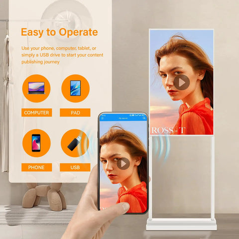 Plug And Play Ready Top Shelf 55 Inch Double Sided Digital Signage Kiosk With 4K Ultra HD Display in use with phone and icons.