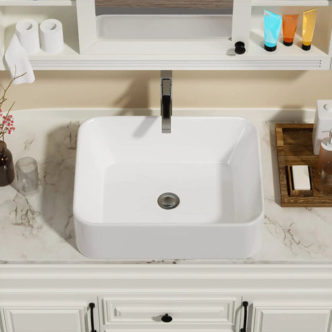Rectangular Vessel Sink For Above Counter Mount Modern Porcelain Ceramic Lavatory Vanity Basin Durable Stain Resistant White Finish Sleek Bathroom Upgrade With Easy Cleaning And Contemporary Look, top view