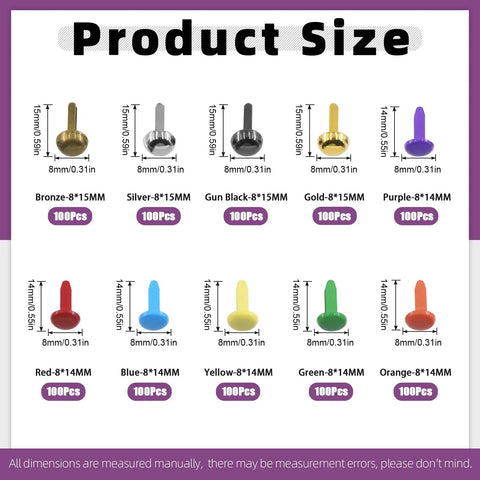 Straight Fire 1000 Piece Assorted Metal Paper Brads Kit In Ten Bold Hues Featuring Eight Millimeter Round And Mushroom Head Fasteners shown with size details.