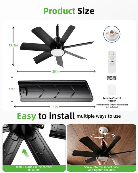 Illustration showing dimensions and components of 28 Inch Socket Mount Fan With Led Remote, E26 Bulb Holder, 3000K To 6000K Dimmable Glow.
