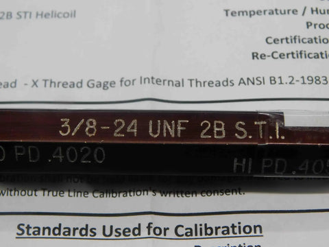 Close-up of Certified 3/8-24 UNF 2B STI Helicoil Thread Plug Gauge markings on metal tool.