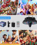 Rechargeable Disco Ball Spinner with Remote Control, Adjustable Speed, 18 RGBW LEDs, 4000mAh battery, accessories shown with festive events.