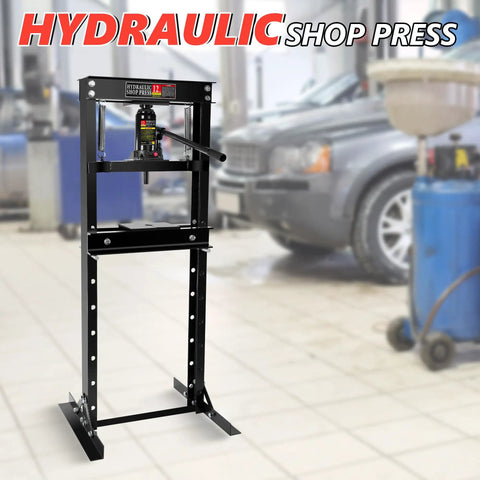 12 Ton H Frame Hydraulic Shop Press for Garage Floor Use With Adjustable Bed and Stamping Plates to Bend Straighten Or Press Parts Install Bearings And U Joints Heavy Duty Auto Shop Tool in workshop