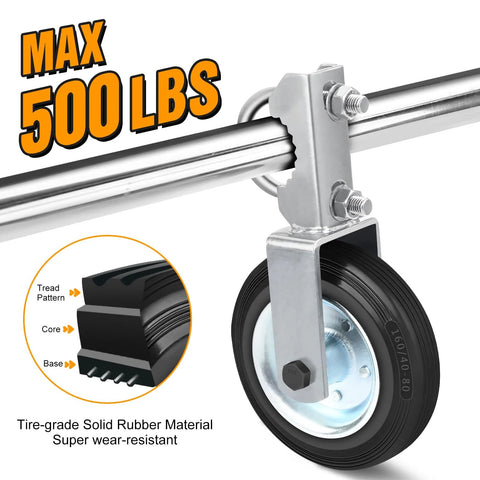 Gate Wheel For Metal Swing Gates With 1 5/8 To 2 Inch Frames Heavy Duty Gate Support Wheel For Chain Link Fences Prevents Gate From Dragging Tire Grade Solid Rubber Wheel Hot Dipped Galvanized Steel Rust Resistant Supports Up To 500 Lb.