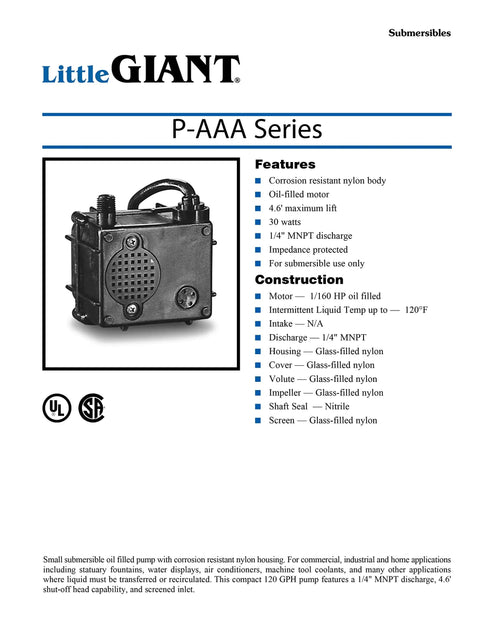 Compact 120 GPH Submersible Water Pump With Six Foot Cord For Fountains And Hydroponic Systems showing a nylon body and oil-filled motor.