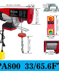 Heavy Duty 1760 Lbs Electric Hoist Winch With Dual Wired And Wireless Remote Controls Featuring Smart LED Status Light For Garage Warehouse Jobs Or Factory Lifts Offering 33 To 65 Feet Height Coverage, showing dimensions and details.