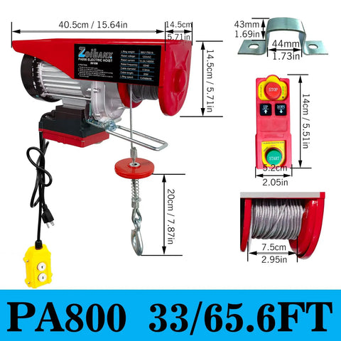 Heavy Duty 1760 Lbs Electric Hoist Winch With Dual Wired And Wireless Remote Controls Featuring Smart LED Status Light For Garage Warehouse Jobs Or Factory Lifts Offering 33 To 65 Feet Height Coverage, showing dimensions and details.