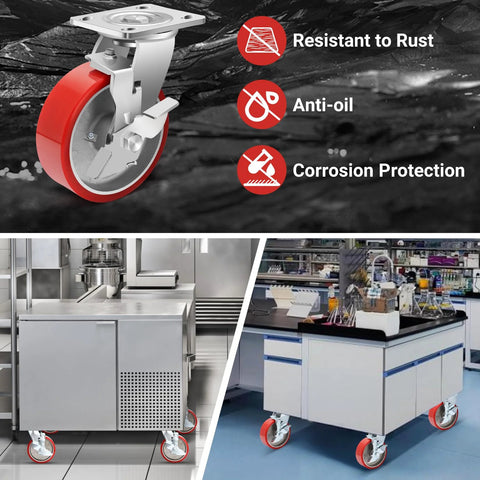 6 Inch Heavy Duty Industrial Grade Caster Wheels Set Of 4 With Aluminum Core PU Wheels And Durable Plate Swivel Casters With Brakes installed on equipment