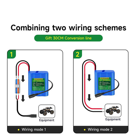 Diagram showing two wiring schemes for 5600mAh 12V Lithium Battery Pack with Charger and Bare Leads for 12V Devices.