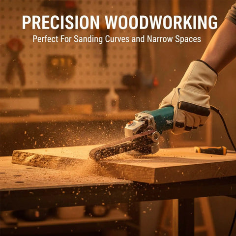 Garage Rat Approved Angle Grinder Belt Sander Adapter Heavy Steel Conversion Kit in use on wood, showing sanding precision.