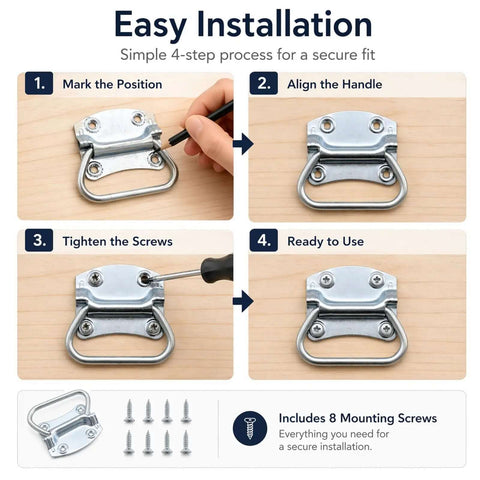Installation guide featuring steps for securing 3-1/2 Inch Chest Handles, Two Pack, Steel Surface Mount Pull Ring Handles, Zinc Plated