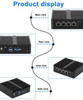 Intel J5005 Fanless Mini PC With Quad 25 GBE LAN For Home Lab And Router Build Barebones Unit No RAM No SSD main, rear, and side views