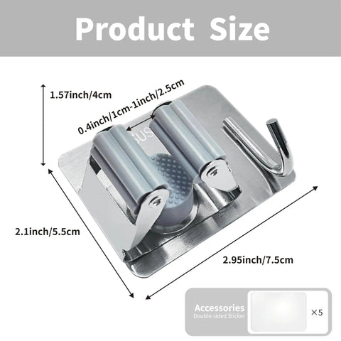 Five Pack Wall Mounted Mop And Broom Holder Set with Stainless Steel Hangers showing dimensions and adhesive backing
