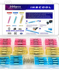 Heat shrink butt connector kit, 200 pcs, pink, yellow and blue connectors in a clear plastic case for automotive/marine wiring.