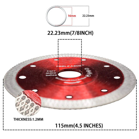 Diamond Saw Blade 4.5 Inch Super Thin Tile Blade For Cutting Porcelain Ceramic Granite Marble Stone Tiles with dimensions.