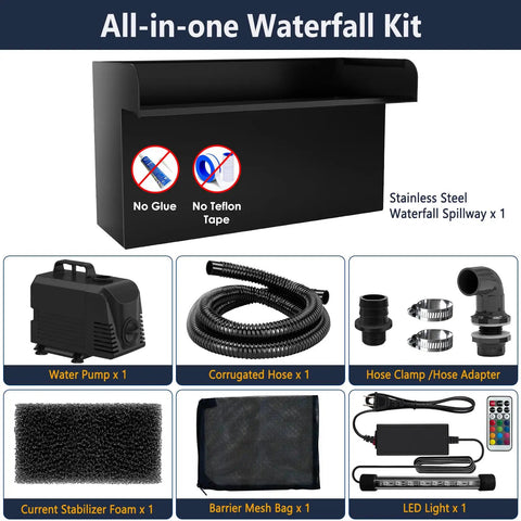 Components of Pond Waterfall Kit With LED Lights And All In One Stainless Steel Spillway, 660 GPH Pump For Outdoor Decor