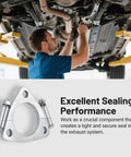Heavy Duty 2.25 In Triangle Exhaust Split Flange Repair Kit Built From Beefy Carbon Steel With Two Hex Socket Bolts, installed under car.