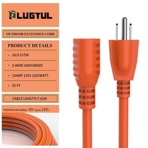 Beefy Workhorse Outdoor Extension Cord 25 Ft Waterproof 16 Gauge 3 Prong NEMA 5 15P 5 15R ETL Listed for garden use