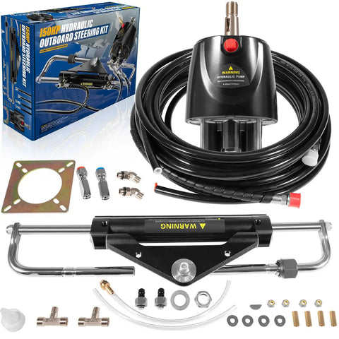 Beefed-Up 150HP Hydraulic Outboard Steering Kit for Single-Engine Boats, Built-In Two-Way Lock Cylinder, 150 HP Helm Pump