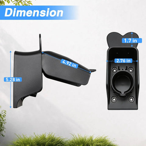 Top Shelf EV Charger Holder Wall Mount With Rainproof Cover For J1772 Connectors dimensions 5.28x4.92x2.76 inches durable composite material.