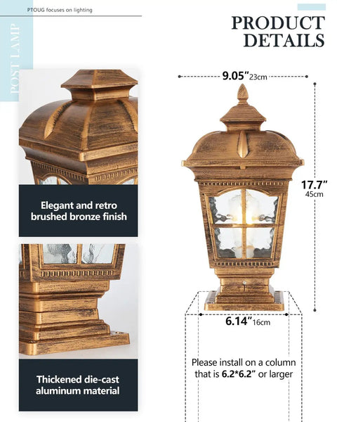 Antique Bronze Outdoor Post Light 2 Pack IP54 Weatherproof Post Lamps detailed view showing dimensions and finish