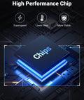 Image of a high performance chip with features like superspeed, lower heat, and stability highlighted in a technological design.