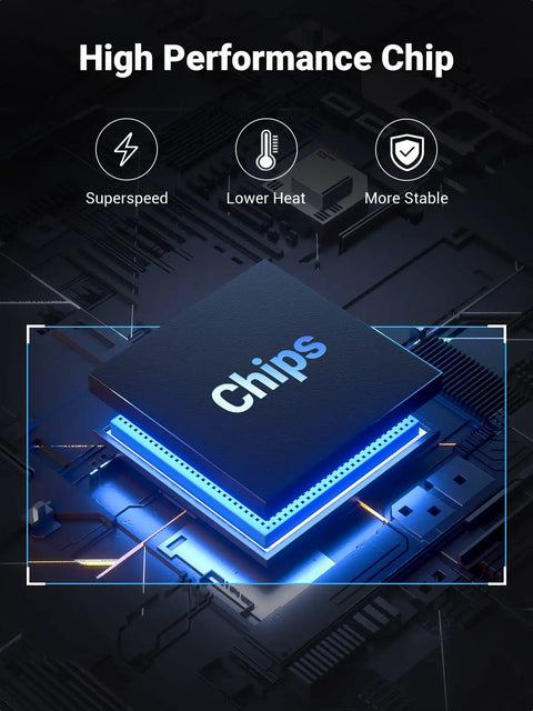 Image of a high performance chip with features like superspeed, lower heat, and stability highlighted in a technological design.