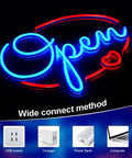 Open Sign For Business 16x12 Inch LED Neon Sign USB Powered Brightness Adjustable showing blue and red color with multiple connection options