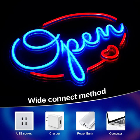 Open Sign For Business 16x12 Inch LED Neon Sign USB Powered Brightness Adjustable showing blue and red color with multiple connection options