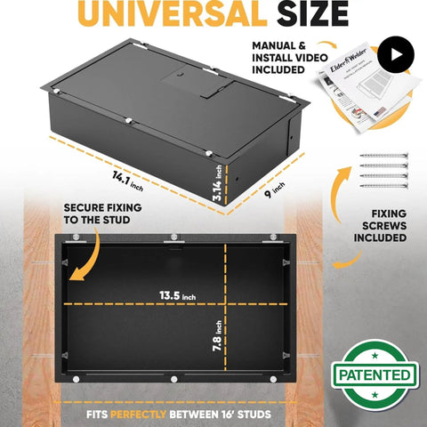 Diagram showing Hidden Wall Safe With Air Vent Cover And Easy Install Combination Lock Fits Between 16 Inch Studs with dimensions and features.
