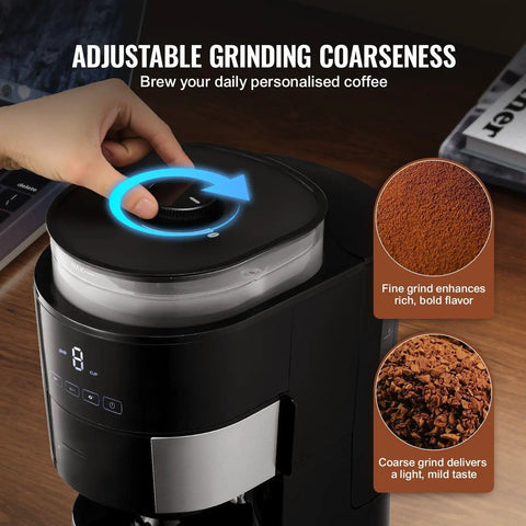 8 Cup Drip Coffee Maker With Built In Burr Grinder And Three Brew Strengths Adjustable Grind Size showing adjustable grinding coarseness settings.