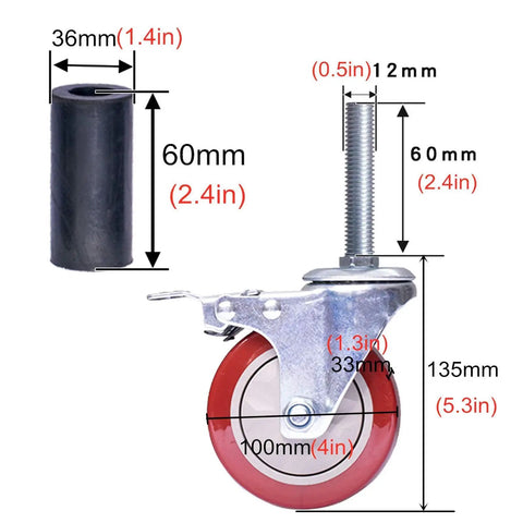 Beefed Up Polyurethane Caster Wheels With Dual Brakes Set Of Four, dimensions showing, red and stainless steel design