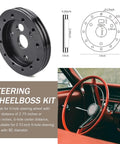 Slick Hardcore Street Ready Six To Three Hole Steering Wheel Adapter With Quick Release Hub And Rugged Locking Bolts For Universal Car Mods And Daily Cruisers Black showing dimensions and compatibility.