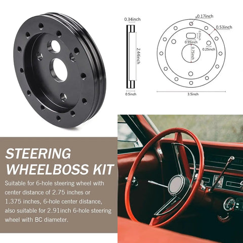 Slick Hardcore Street Ready Six To Three Hole Steering Wheel Adapter With Quick Release Hub And Rugged Locking Bolts For Universal Car Mods And Daily Cruisers Black showing dimensions and compatibility.
